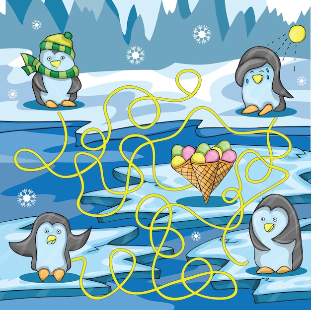 Vettore fumetto illustrazione vettoriale del labirinto educativo con pinguino divertente e gelato