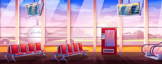 Fumetto illustrazione vettoriale della lounge dell'aeroporto vuoto con area di attesa. interno del terminal con display orario, sedili, scala mobile e distributore automatico. sala partenze con finestra e aereo all'esterno.