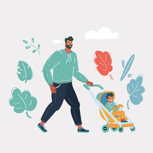 Cartoon vector illustration of Father and son baby beginning to walk