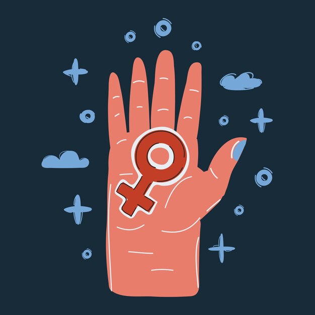 Карикатурная векторная иллюстрация женского знака на руке на темном фоне