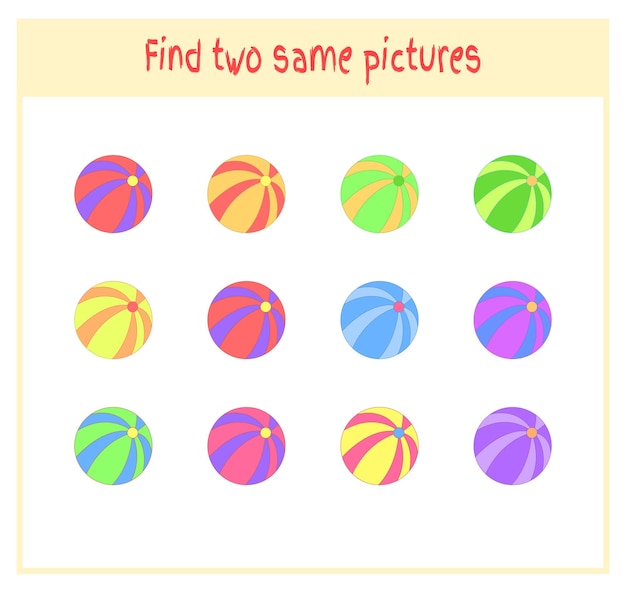 Cartoon Vector Illustration of Finding Two Exactly the Same Pictures Educational Activity for Preschool Children with balls.