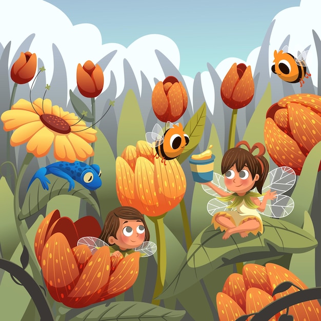 cartoon vector illustration of flower fairies activities in spring