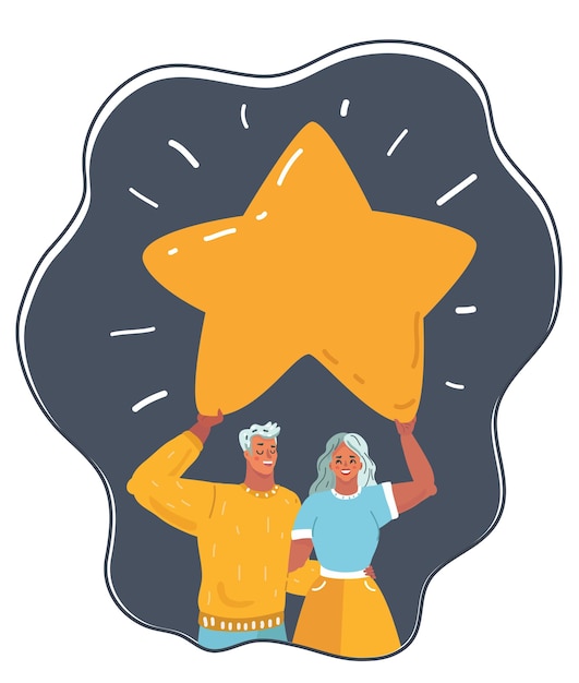 Vector cartoon vector illustration of friends hold big star man and woman stay together with star