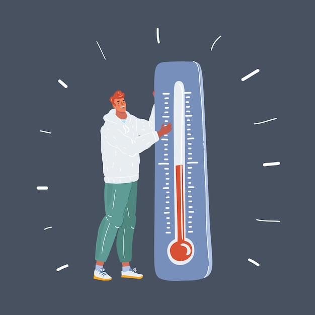 Мультфильм векторная иллюстрация концепции экологии иконы глобального потепления Человек, стоящий с большим термометром в темноте