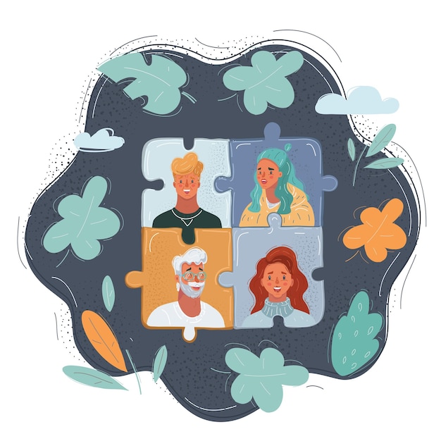Cartoon vector illustration of Group of people assembling jigsaw puzzle Team support and help concept family or friends together on dak background