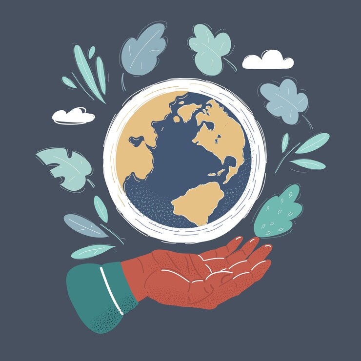 Vector cartoon vector illustration of hands hold the earth globe on dark
