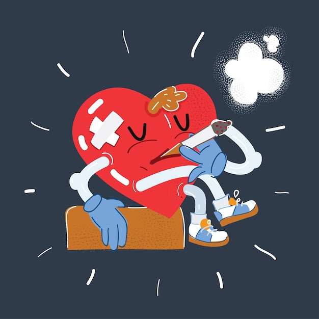 Vettore illustrazione vettoriale di cartone animato del personaggio del cuore fumo di sigaretta il fumo è dannoso per il cuore umano sullo sfondo scuro giornata mondiale senza tabacco