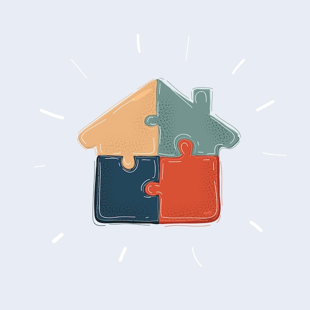 Cartoon vector illustration of House Built of Jigsaw Like Blocks