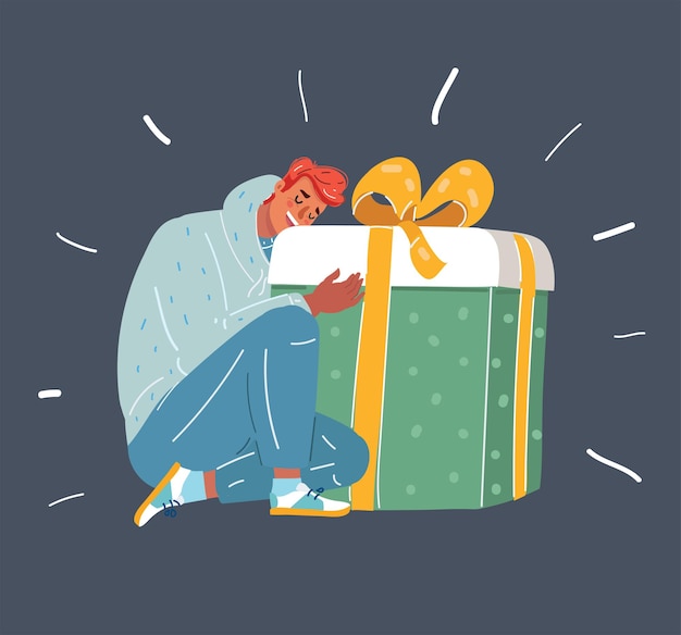 Vector cartoon vector illustration of illustration of young happy man with big gift box on dark bacgkround