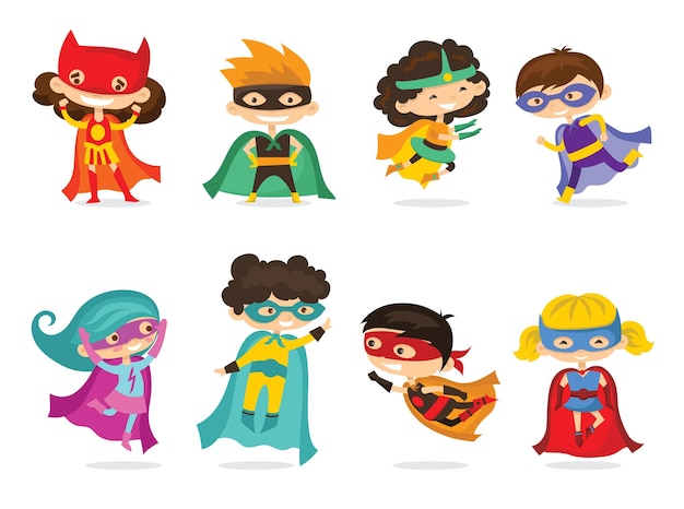 Cartoon vector illustration of kid superheroes wearing comics costumes