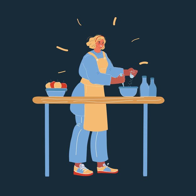 Cartoon vector illustration of lady cooking at her kitchen tonight Home life concept on white backround Character on dark backroud