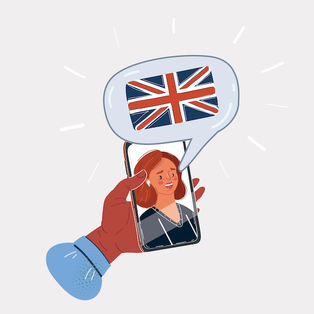 cartoon vector illustration of learning english languages via the internet screen with native speaker and teacher who speak with user on white backround