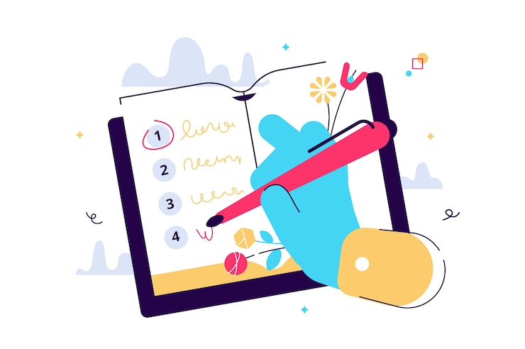 Vector cartoon vector illustration of a list of resolutions for starting new life. and human hand write in planner.