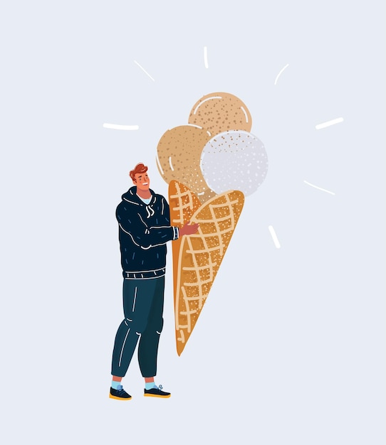 Cartoon vector illustration of man holding big ice cream in wafer cone Human character on white background