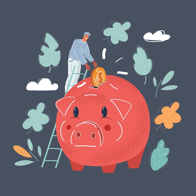 Cartoon vector illustration of man holding coin in big pink piggy bank isolated white