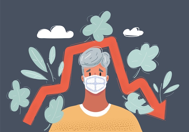 Illustrazione vettoriale di cartone animato dell'uomo con maschera medica riduzione della malattia su sullo sfondo scuro
