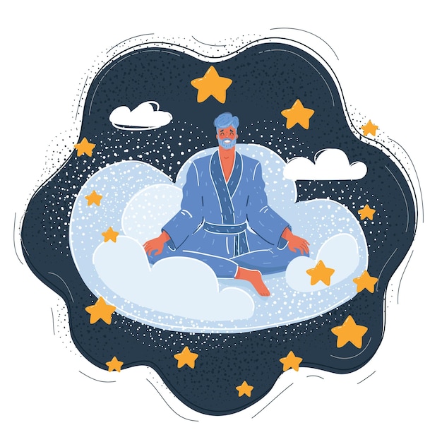 Vector cartoon vector illustration of man relax befor sleeping at night human character sit at cloud and star around him