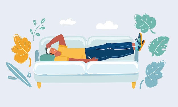 Cartoon vector illustration of Man suffering on sofa headache attack