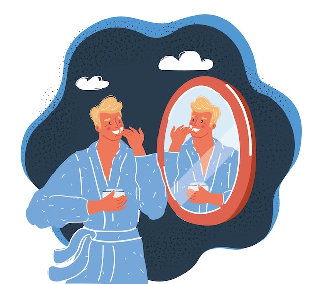 Vector cartoon vector illustration of man take care about him skin before mirror on dark backround