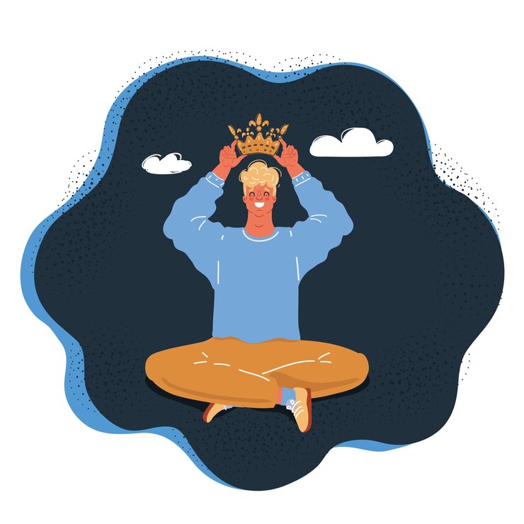 वेक्टर cartoon vector illustration of man thinking he is king and put crown on his head on dark