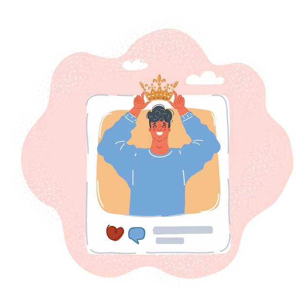 Cartoon vector illustration of man thinking he is king and put crown on his head in social media blog