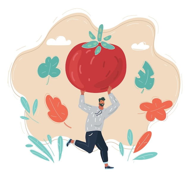 Vector cartoon vector illustration of man with big tomato in his hands vegetables concept