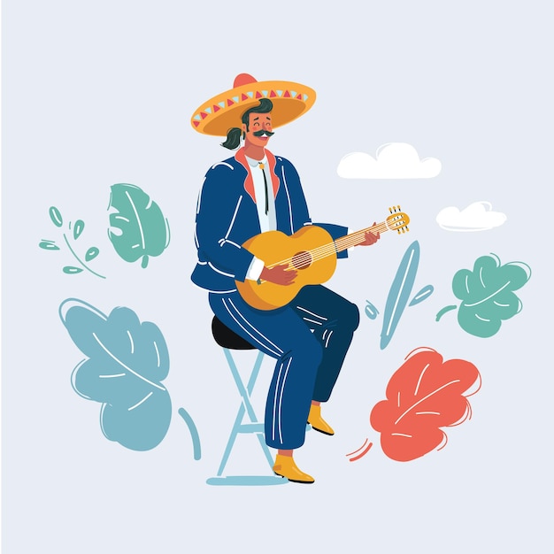 Cartoon vector illustration of A Mexican man playing guitar and serenading on white backround