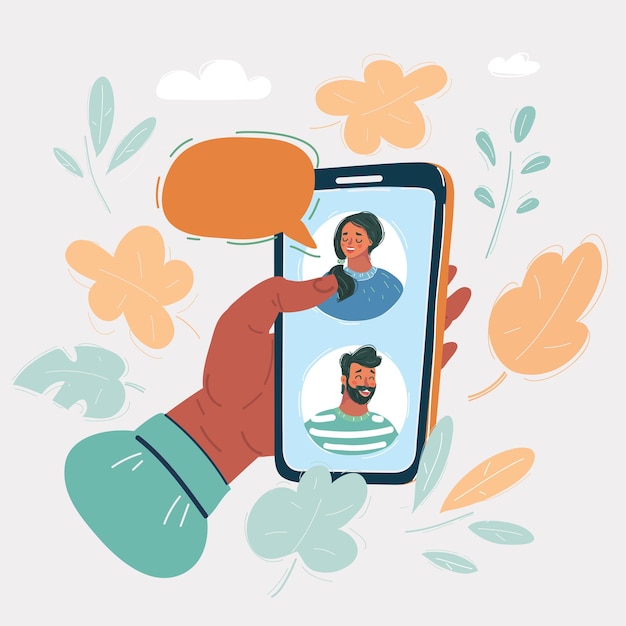 Мультяшная векторная иллюстрация уведомлений о сообщениях в чате мобильного телефона, рука со смартфоном и концепция пузырьковых речей онлайн-разговора, разговорный диалог