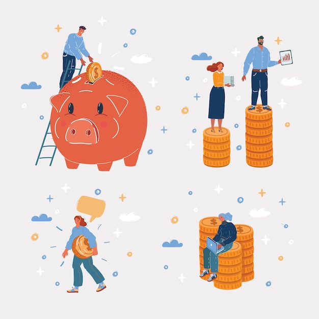 Карикатурная векторная иллюстрация мужчины и женщины с деньгами куча монетная кассирная свинья сбережение заработка концепция дохода
