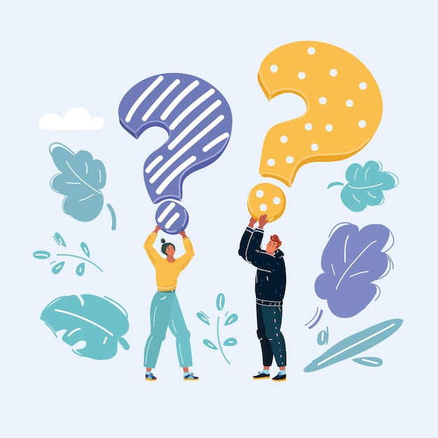 Vector cartoon vector illustration of people search for information with big exclamation question marks man and woman