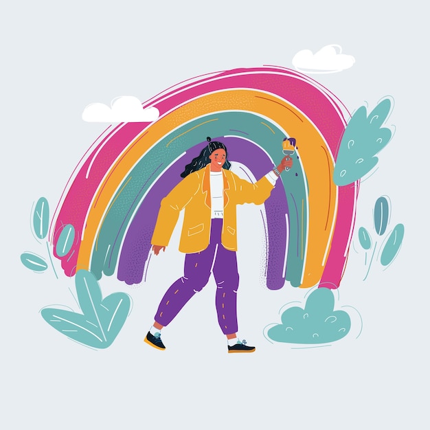 cartoon vector illustration of portrait of young woman paint rainbow