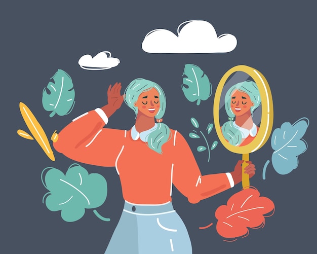 Cartoon vector illustration of positive person looking at his own reflection in the mirror Mirror shows handsome face Self Love Confidence and Concept Human face on dark