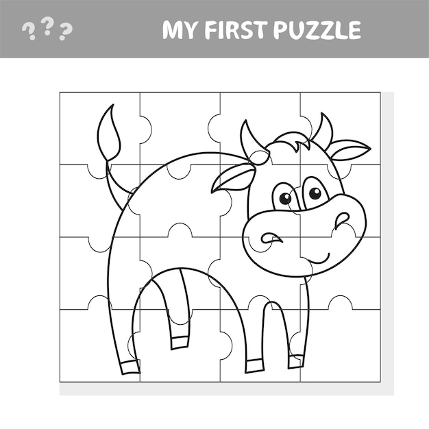 Cartoon Vector Illustration - Puzzle Activity Game for Children with Bull Farm Animal Character. Coloring book