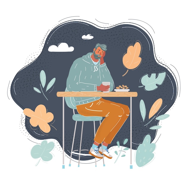 Cartoon vector illustration of sad man sitting at caffe on dark background