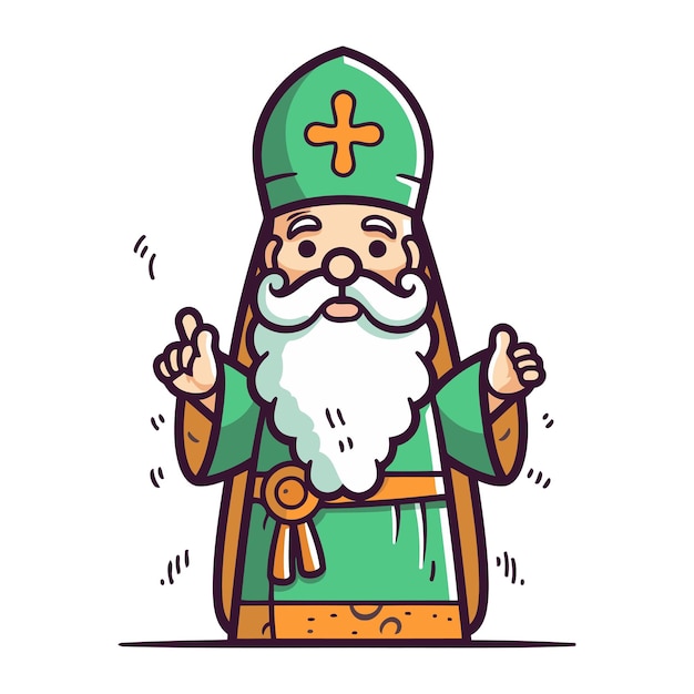 Cartoon vector illustration of Saint Nicholas with beard and mustache in green coat