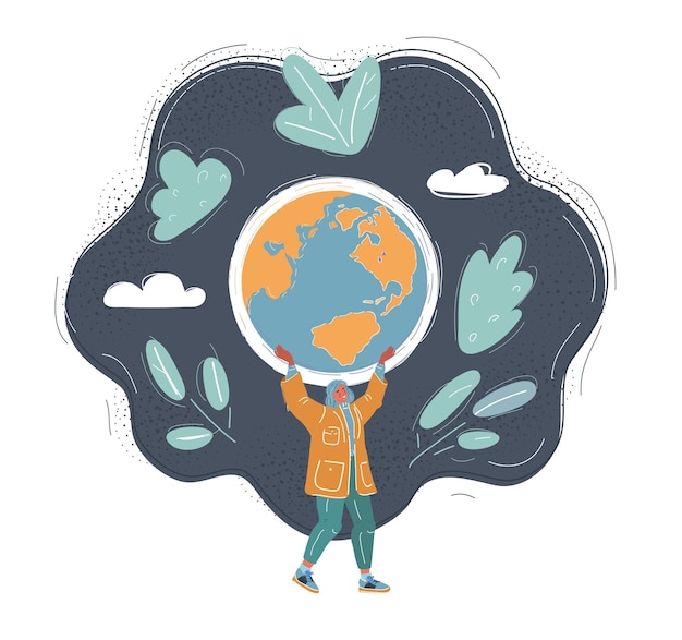 Cartoon vector illustration of Saving world concept Woman carries a globe in her hands on dark