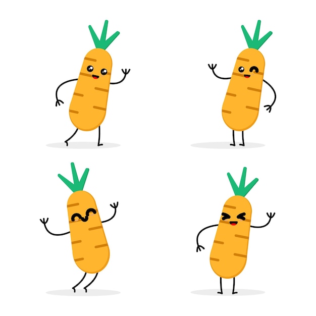 Cartoon vector illustration set of cute carrot vegetable characters great for food vegetables and kids themes