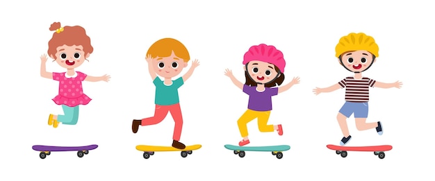 Cartoon illustrazione vettoriale set di bambini carini che giocano su skateboard isolati su sfondo bianco