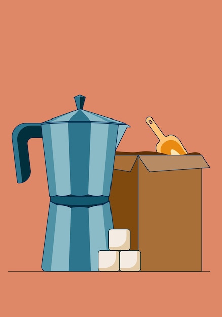 설탕과 커피로 가득 찬 상자가 있는 간단한 간헐천 커피 메이커의 만화 벡터 그림