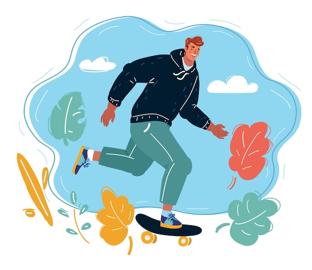 Cartoon illustrazione vettoriale di skateboarder man giro su skateboard