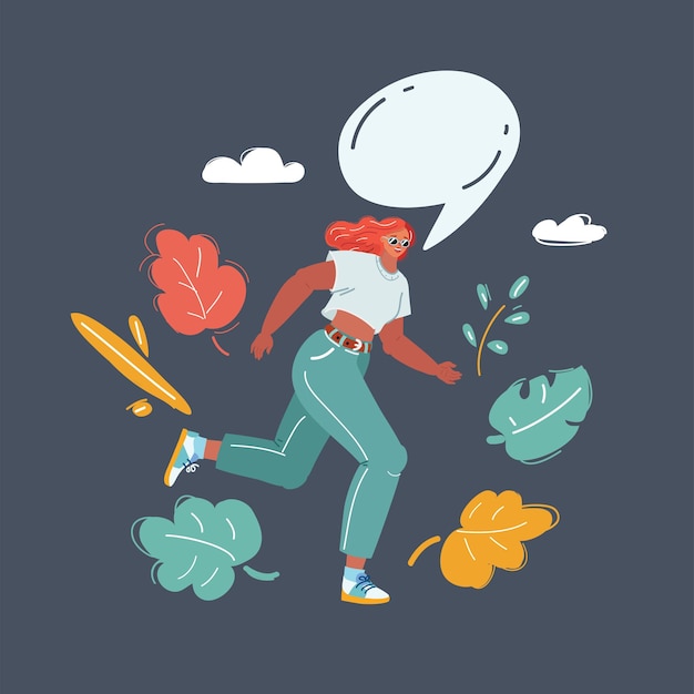 Cartoon vector illustration of talking running woman with speech bubble above her