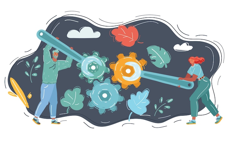 Vector cartoon vector illustration of technical repair repairpeople hold wrench in hand worker customer service make repair together
