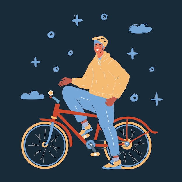 Vector cartoon vector illustration of teenagers on bicycles on dark backround