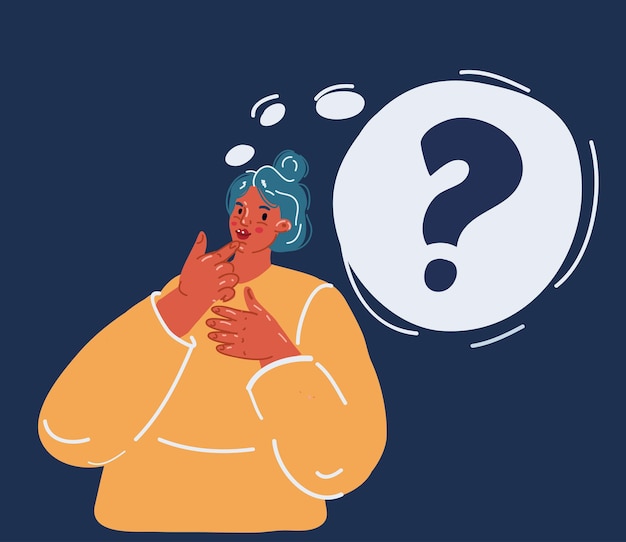 cartoon vector illustration of thinking girl beautiful face doubts problems thoughts emotions curious woman questioning question mark