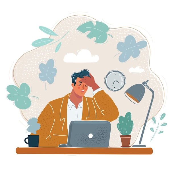 Cartoon vector illustration of tired young businessman at office Sick and exhausted people concept