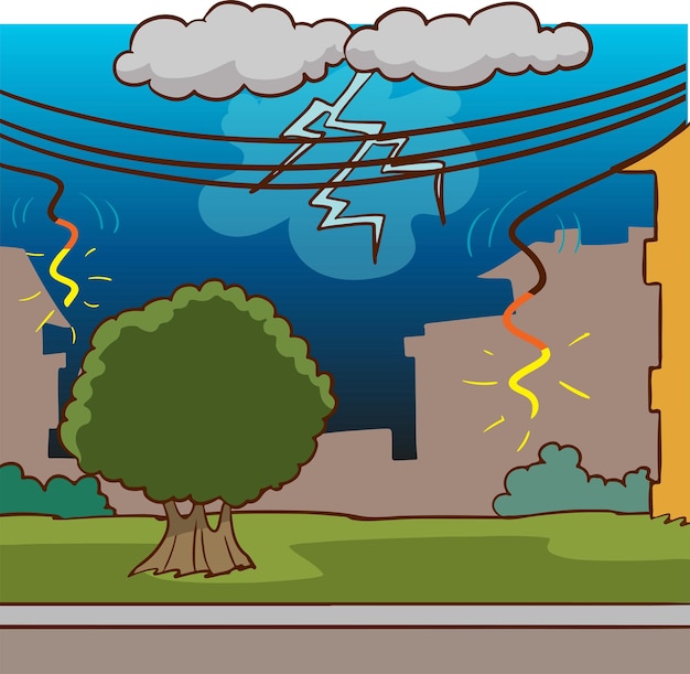 Cartoon vector illustration of town street with  rainfall and neon lightning glowing in dark sky