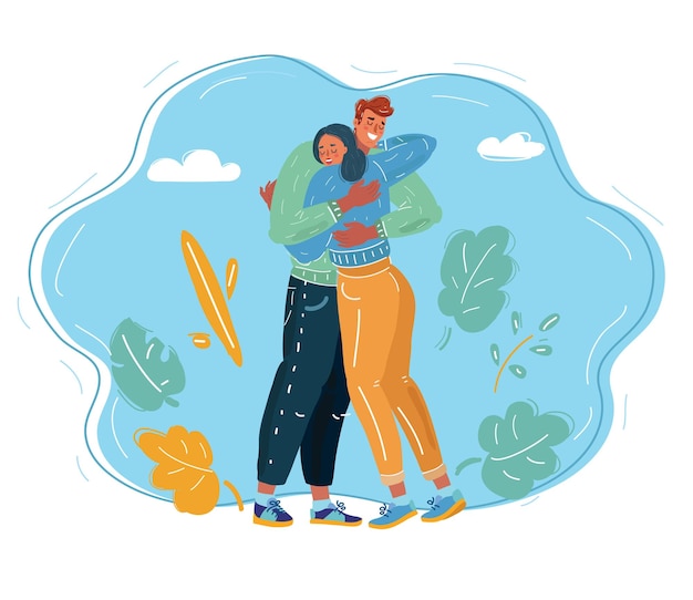 Vector cartoon vector illustration of two people embraced each other man and woman are happy together