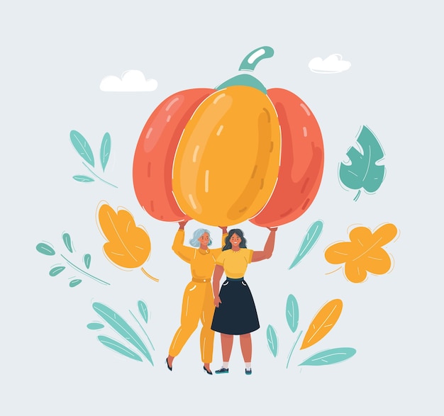 Cartoon vector illustration of two woman with giant pumpkin on white