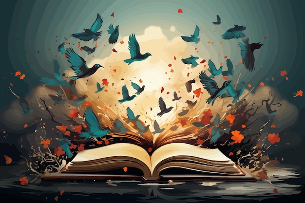 cartoon vector illustration of Vintage feather writes amidst flying birds with open book