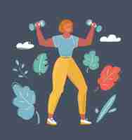 Vector cartoon vector illustration of a woman doing fitness with weights human character on dark